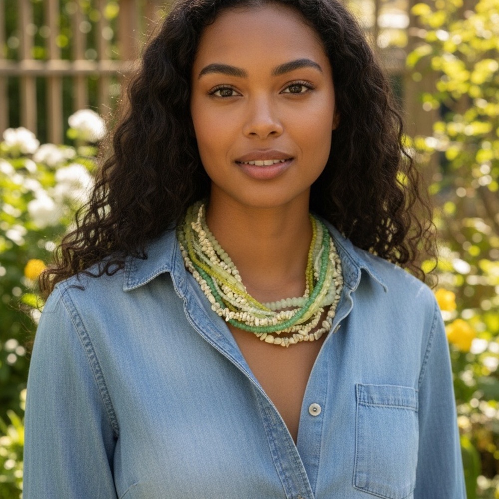 Chico's Green and Yellow Beaded Necklace 22”